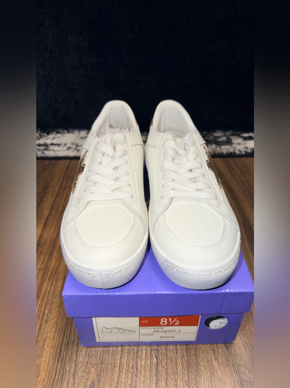 Liliana White Low-Top Distressed Sneakers with Gold Side Detail